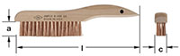 Image showing a wooden-handled wire brush with dimensions labeled. The brush has bristles arranged in sixteen rows. The labels show the measurements: height "a," length "l," and bristle length "c." The handle has a slightly curved, ergonomic design with b